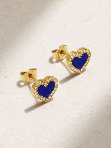 JENNIFER MEYER Extra Small Heart Ohrstecker aus 18 Karat Gold mit Lapislazuli und Diamanten