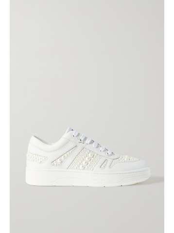 JIMMY CHOO Hawaii faux pearl-embellished leather sneakers