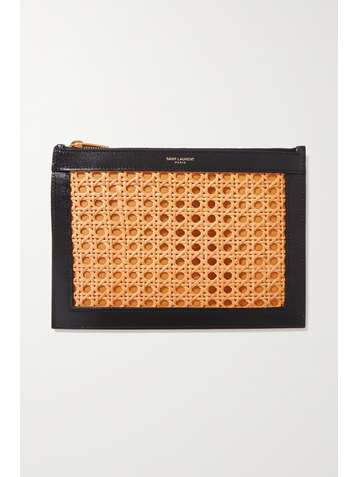 SAINT LAURENT Medium leather, cane and canvas pouch