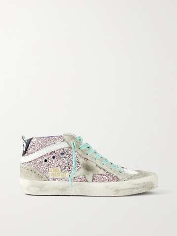 GOLDEN GOOSE Mid Star distressed glittered leather and suede sneakers