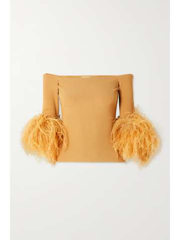 SAINT LAURENT Off-the-shoulder feather-trimmed ribbed-knit top