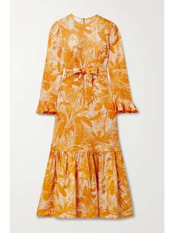 ZIMMERMANN Robe midi en lin imprimé à volants et à ceinture Mae