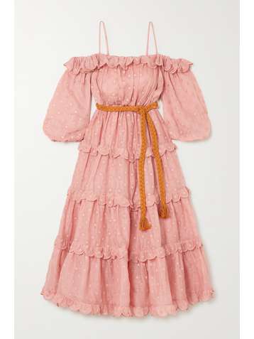 ZIMMERMANN Mae cold-shoulder belted embroidered ramie midi dress