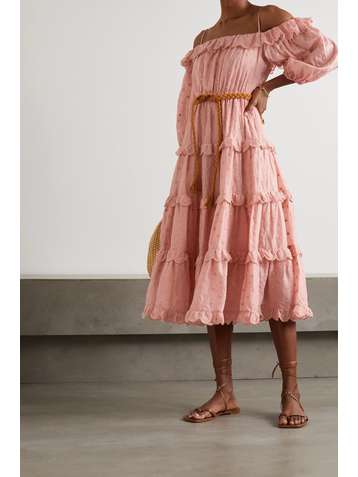 ZIMMERMANN Mae cold-shoulder belted embroidered ramie midi dress