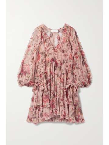 ZIMMERMANN Mini-robe en crépon de soie à imprimé fleuri et à volants Cassia