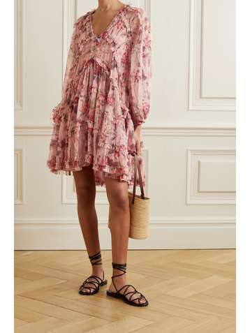 ZIMMERMANN Mini-robe en crépon de soie à imprimé fleuri et à volants Cassia