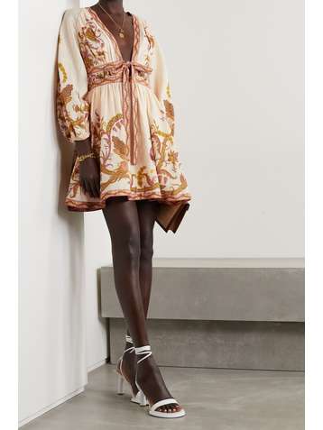 ZIMMERMANN Cassia cutout tie-front printed linen mini dress