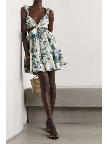 ZIMMERMANN Cassia cutout ruffled floral-print linen mini dress