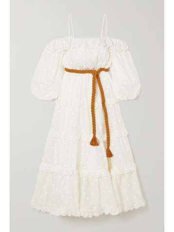 ZIMMERMANN Mae cold-shoulder belted embroidered ramie midi dress