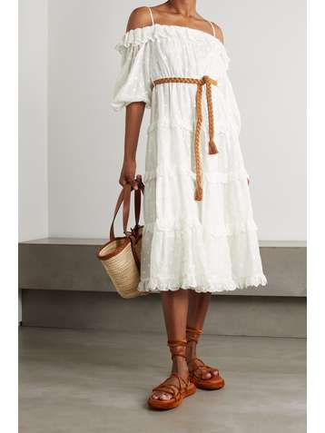 ZIMMERMANN Mae cold-shoulder belted embroidered ramie midi dress