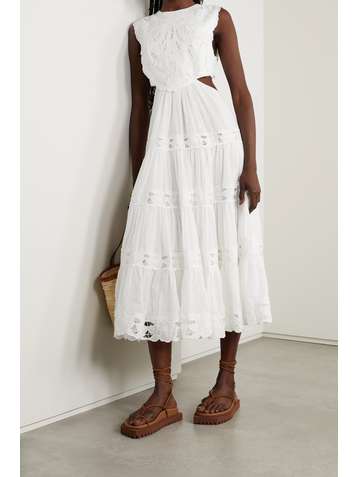 ZIMMERMANN Robe midi en lin et en ramie à broderie anglaise et à découpes Cassia