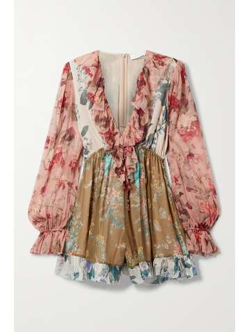 ZIMMERMANN Combi-short en georgette de soie froissée à imprimé fleuri et à volants Cassia