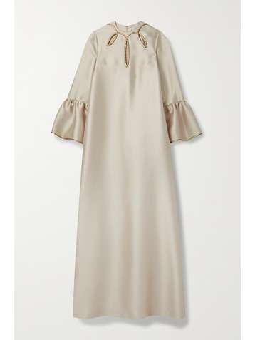 REEM ACRA Robe du soir en piqué de satin à finitions métallisées et à découpes