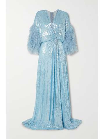 JENNY PACKHAM Feather-trimmed sequined georgette gown