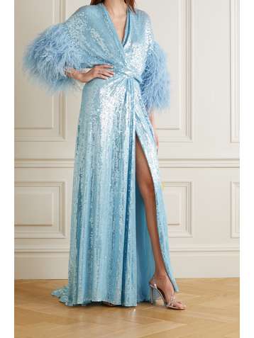 JENNY PACKHAM Feather-trimmed sequined georgette gown