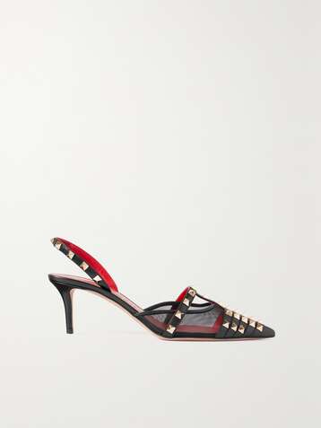 VALENTINO Valentino Garavani Alcove studded leather and mesh slingback pumps