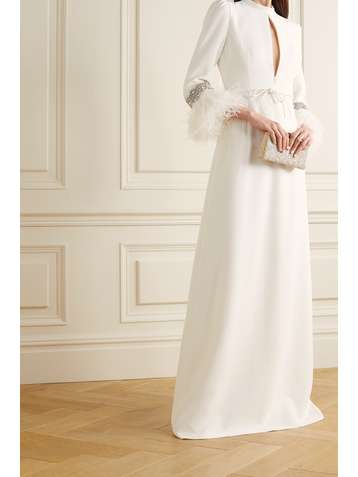 ANDREW GN Robe du soir en crêpe à cristaux et à plumes