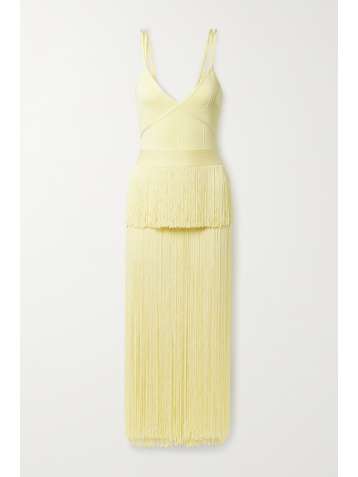 HERVÉ LÉGER Icon fringed ribbed stretch-knit and bandage midi dress
