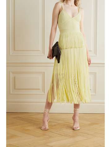 HERVÉ LÉGER Icon fringed ribbed stretch-knit and bandage midi dress