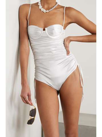 ISA BOULDER Nina ruched stretch-satin swimsuit