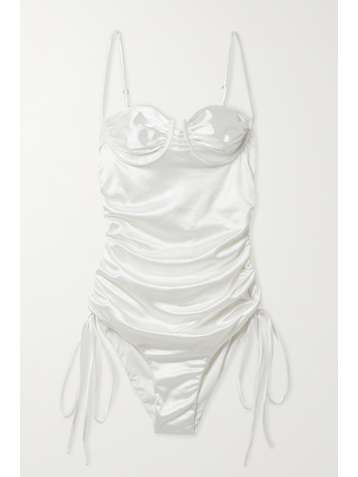 ISA BOULDER Nina ruched stretch-satin swimsuit