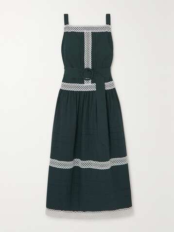 ERDEM Robe midi en popeline de coton à pois, à finitions en dentelle et à ceinture Eris