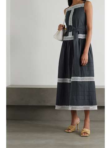 ERDEM Robe midi en popeline de coton à pois, à finitions en dentelle et à ceinture Eris