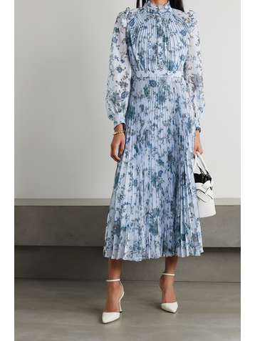 ERDEM Robe midi plissée en voile à imprimé fleuri Narella Hogarth
