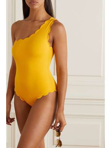 MARYSIA + NET SUSTAIN Santa Barbara reversible scalloped recycled seersucker swimsuit