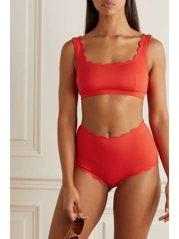 MARYSIA + NET SUSTAIN Santa Monica reversible scalloped recycled seersucker bikini briefs