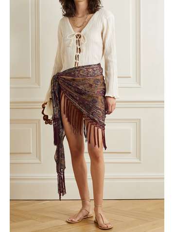 SAVANNAH MORROW THE LABEL + NET SUSTAIN Isla fringed printed silk-crepon wrap mini skirt