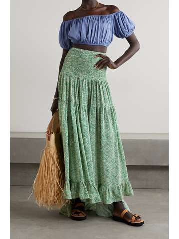 EVARAE + NET SUSTAIN Lora ruffled printed organic silk maxi skirt