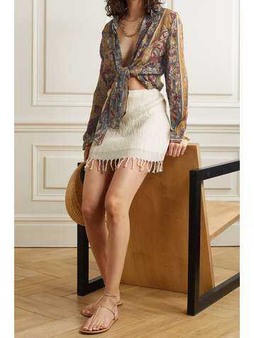 SAVANNAH MORROW THE LABEL + NET SUSTAIN Rena fringed crinkled organic cotton-gauze mini skirt