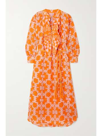 YVONNE S Belted ruffled printed linen midi dress