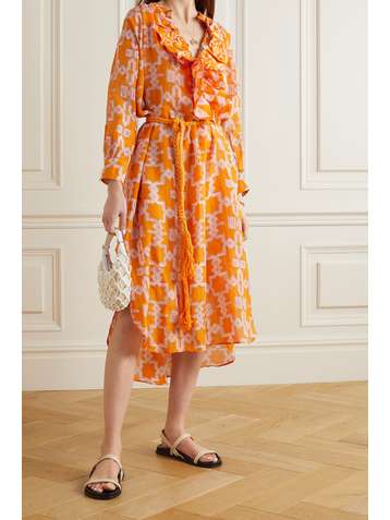 YVONNE S Belted ruffled printed linen midi dress