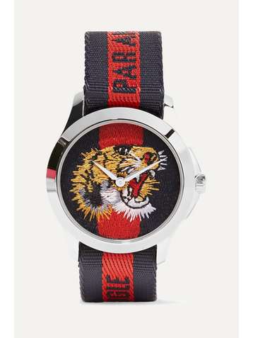 GUCCI Striped canvas and stainless steel watch