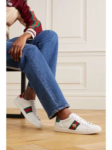 GUCCI Ace watersnake-trimmed embroidered leather sneakers