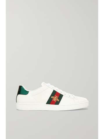 GUCCI Ace watersnake-trimmed embroidered leather sneakers