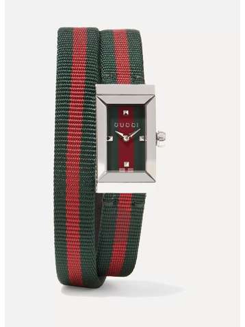 GUCCI Striped canvas, leather and stainless steel watch
