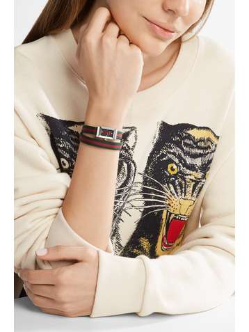 GUCCI Striped canvas, leather and stainless steel watch