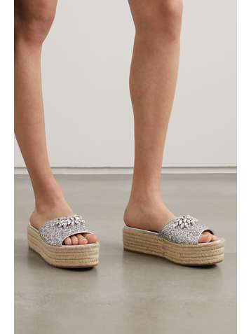 MIU MIU Crystal-embellished glittered leather espadrille platform slides