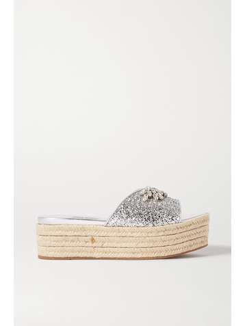 MIU MIU Crystal-embellished glittered leather espadrille platform slides