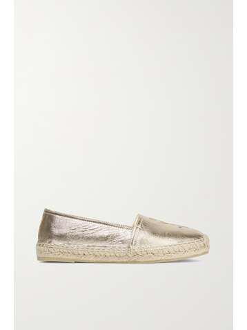 SAINT LAURENT Logo-embossed metallic leather espadrilles