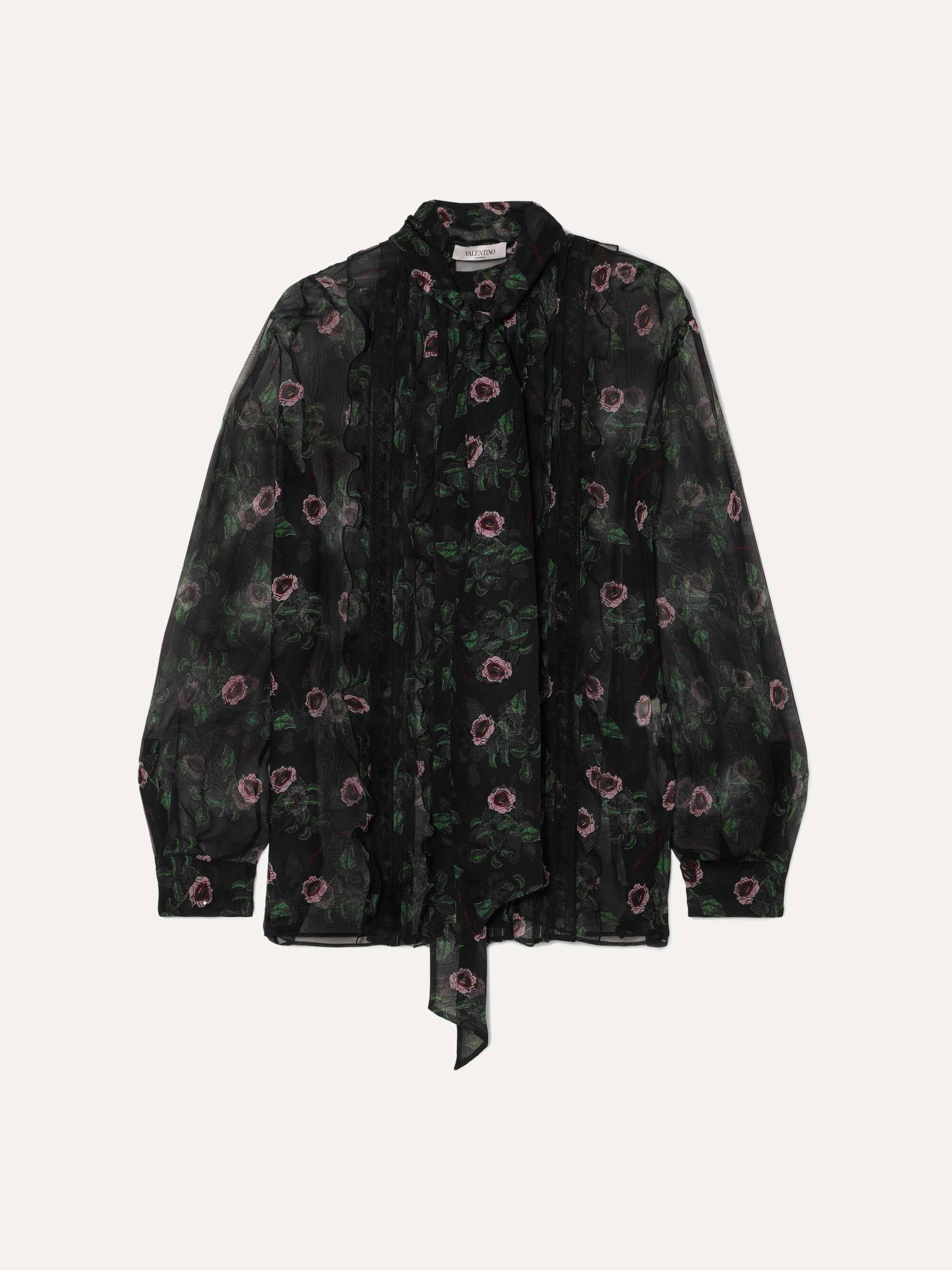 VALENTINO GARAVANI Pussy-bow lace-trimmed floral-print silk