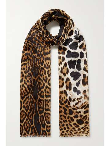 SAINT LAURENT Fringed leopard-print silk scarf