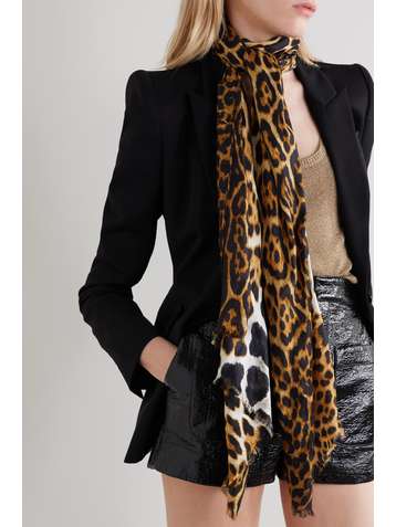 SAINT LAURENT Fringed leopard-print silk scarf