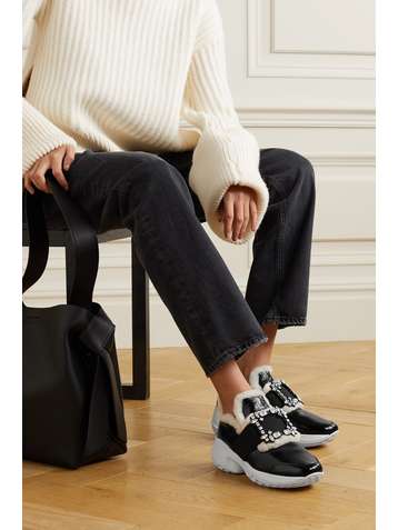 ROGER VIVIER Viv Run crystal-embellished shearling-trimmed patent-leather sneakers