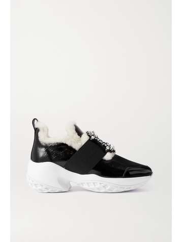 ROGER VIVIER Viv Run crystal-embellished shearling-trimmed patent-leather sneakers