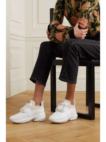 ROGER VIVIER Viv' Run crystal-embellished shearling-trimmed leather sneakers