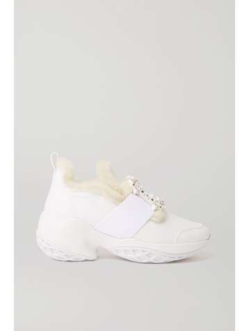 ROGER VIVIER Viv' Run crystal-embellished shearling-trimmed leather sneakers
